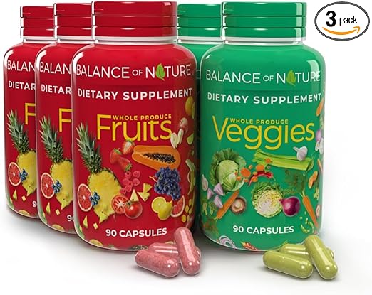 ($) Balance of Nature Fruits & Veggies Supplements - Whole Fruit and Vegetable Ingredients for Women, Men, and Kids - 90 Fruits Capsules, 90 Veggies Capsules - 1 Set