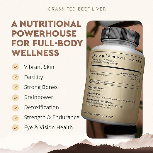 Ancestral Supplements Grass Fed Beef Liver 180 Capsules, Supports Energy Production, Detoxification, Digestion, Immunity and Full Body Wellness, Non-GMO, Freeze Dried Liver Health Supplement