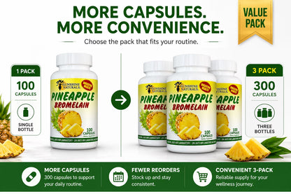Bromelain 1000Mg Digestive Enzyme Supplement, Pineapple Enzyme, 100 Capsules per Bottle, 3 Pack (300 Capsules Total)