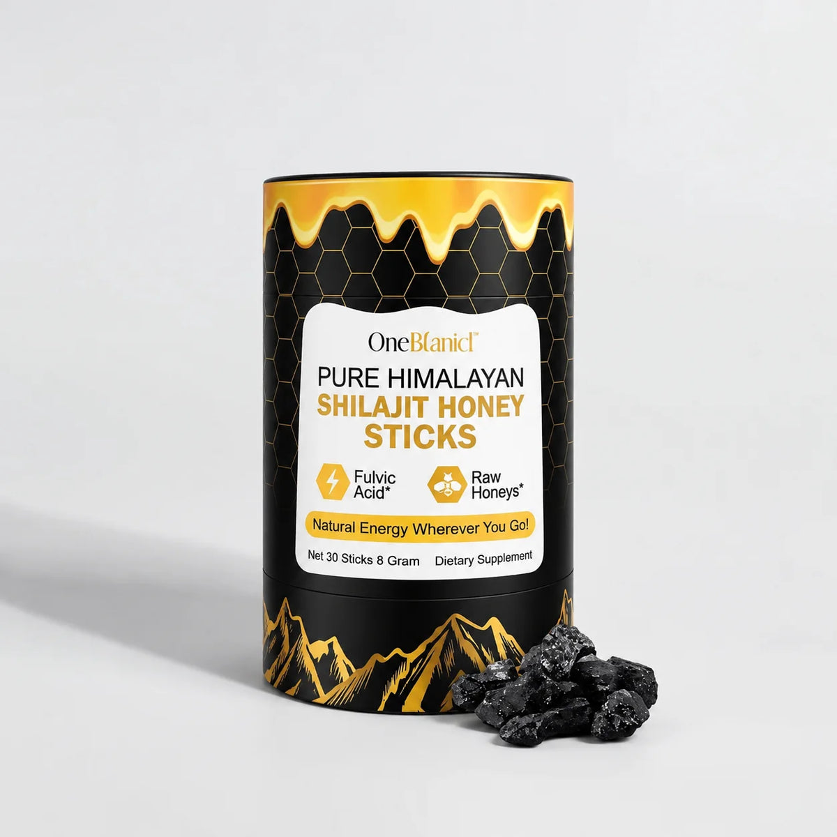 OneBotanical Pure Himalayan Shilajit Honey Sticks with 400mg Shilajit Resin and 2mg Saffron for Energy Boost, Vegan, 30 Sticks