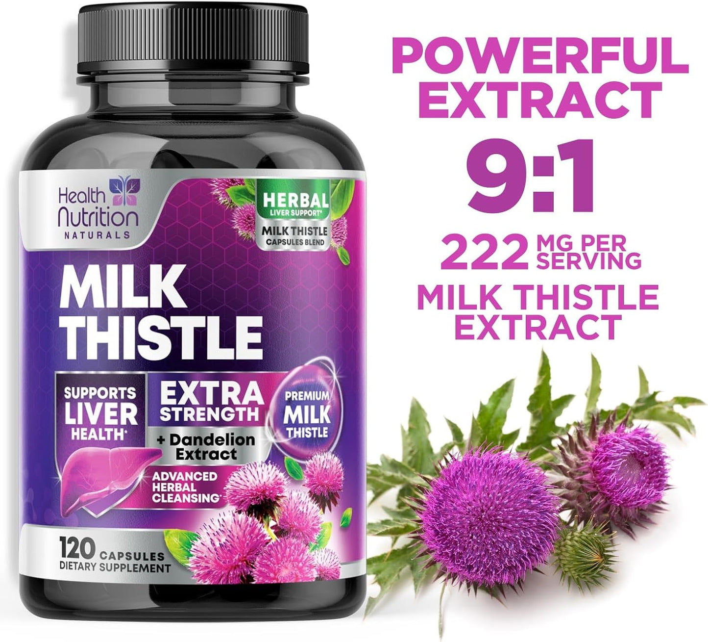 Milk Thistle Supplement - Advanced Liver Cleanse Detox & Repair with Dandelion Root Extract - Natural Milk Thistle Silymarin Marianum Extract Liver Health Support, Non-Gmo, Bottled USA - 120 Capsules