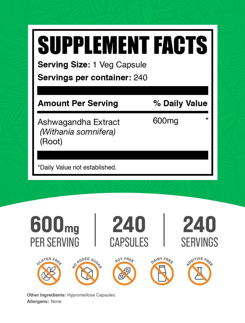 Bulksupplements Ashwagandha Root Extract Capsules - Herbal Supplements, Ashwagandha Supplements - Vegan, 1 Capsule per Serving (600Mg), 240 Count