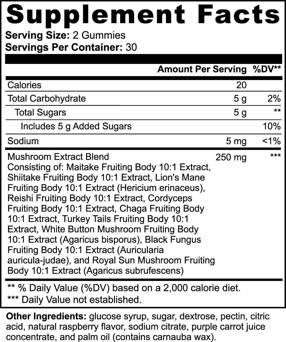 Raspberry Mushroom Gummies Extract Immune Support & Antioxidant Rich Formula | 60 Gummies | Natural Energy Boost
