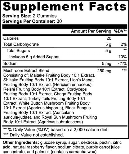 Raspberry Mushroom Gummies Extract Immune Support & Antioxidant Rich Formula | 60 Gummies | Natural Energy Boost
