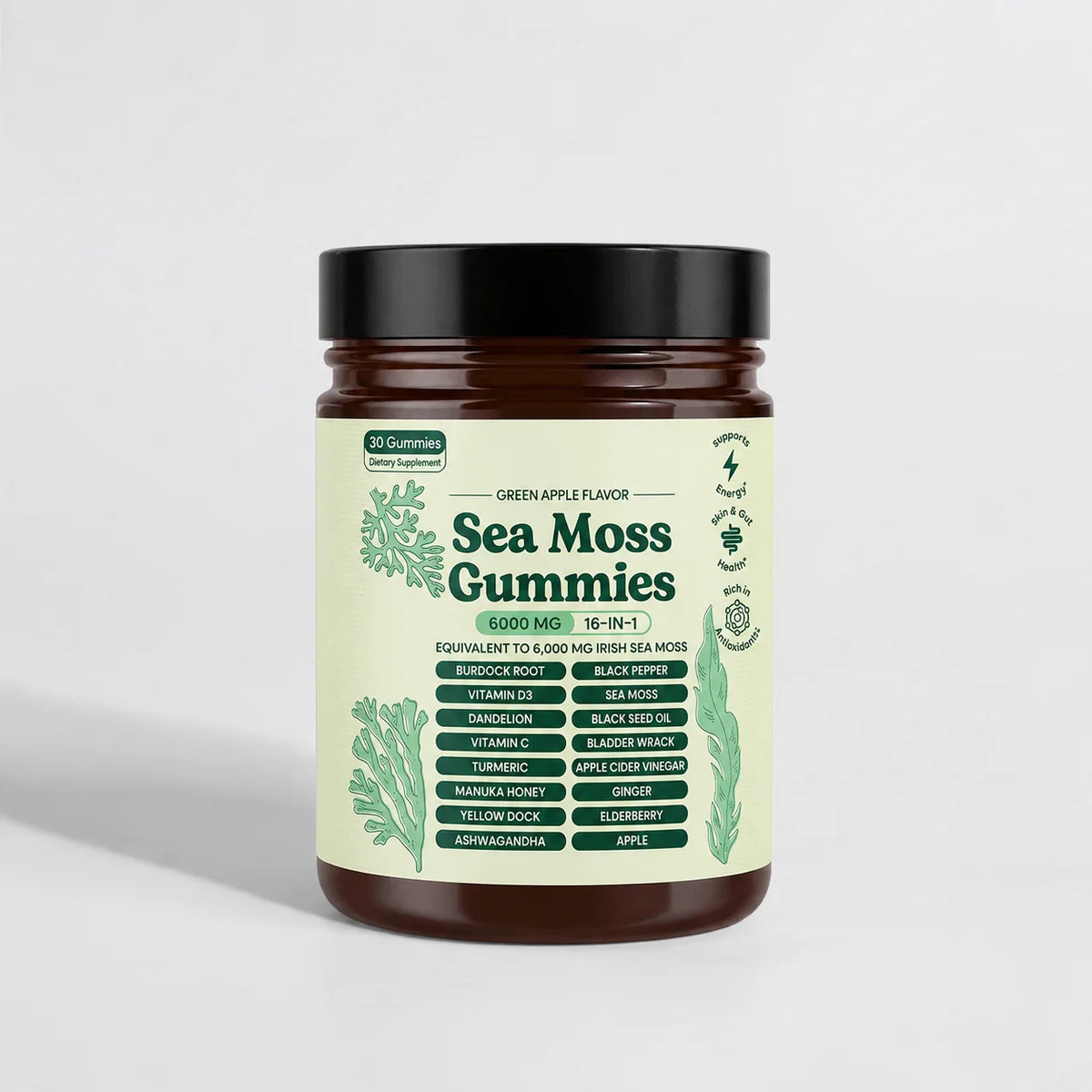 Sea Moss Gummies 16-in-1 Ashwagandha Black Seed Oil Bladder Wrack Turmeric Vitamin C D3 with Manuka Burdock Root Dandelion Apple