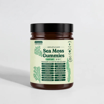 Sea Moss Gummies 16-in-1 Ashwagandha Black Seed Oil Bladder Wrack Turmeric Vitamin C D3 with Manuka Burdock Root Dandelion Apple