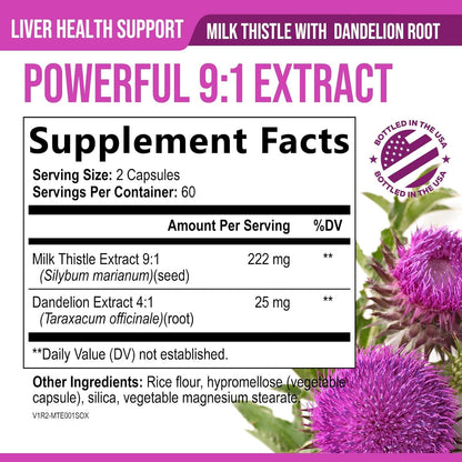 Milk Thistle Supplement - Advanced Liver Cleanse Detox & Repair with Dandelion Root Extract - Natural Milk Thistle Silymarin Marianum Extract Liver Health Support, Non-Gmo, Bottled USA - 120 Capsules