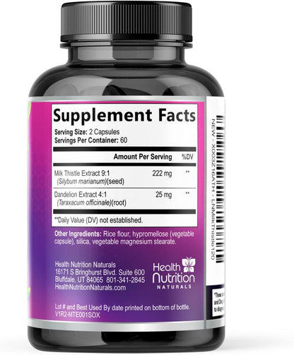 Milk Thistle Supplement - Advanced Liver Cleanse Detox & Repair with Dandelion Root Extract - Natural Milk Thistle Silymarin Marianum Extract Liver Health Support, Non-Gmo, Bottled USA - 120 Capsules