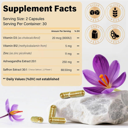 Saffron Extract Supplements Capsules 88.5Mg Natural Saffron Supplements for Mood, Energy & Vision Support-Non-Gmo,Vegan,60 Capsules