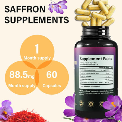 Saffron Extract Supplements Capsules 88.5Mg Natural Saffron Supplements for Mood, Energy & Vision Support-Non-Gmo,Vegan,60 Capsules
