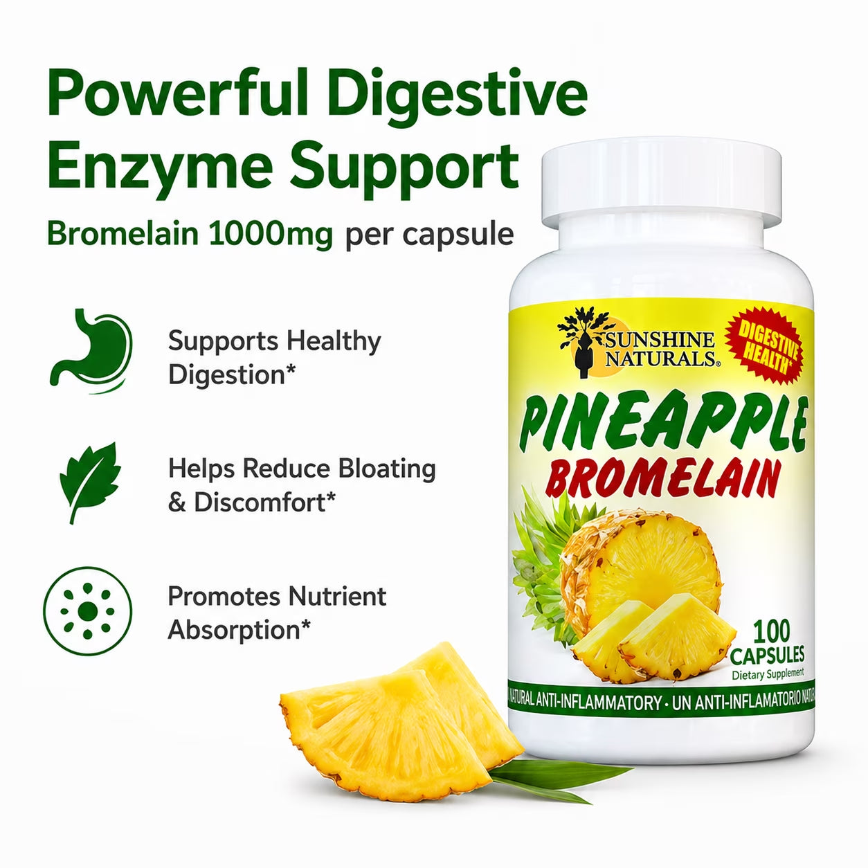 Bromelain 1000Mg Digestive Enzyme Supplement, Pineapple Enzyme, 100 Capsules per Bottle, 3 Pack (300 Capsules Total)