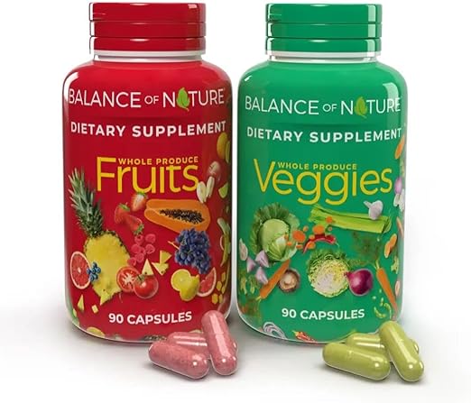 ($) Balance of Nature Fruits & Veggies Supplements - Whole Fruit and Vegetable Ingredients for Women, Men, and Kids - 90 Fruits Capsules, 90 Veggies Capsules - 1 Set