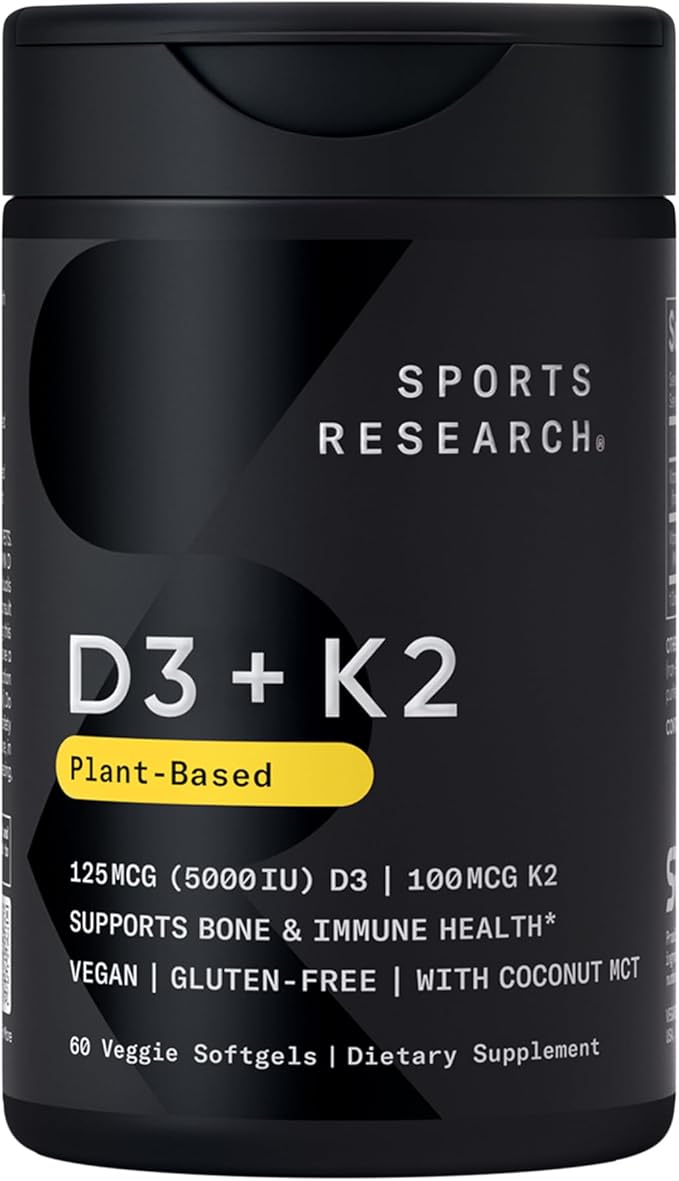 Sports Research® Vitamin D3 + K2 w/ Coconut Oil - Vegan Vitamin D 5000iu & Mk7 Vitamin K 100mcg for Bone & Immune Support - Vegan Certified · Non-GMO · Soy Free - 60 Softgels