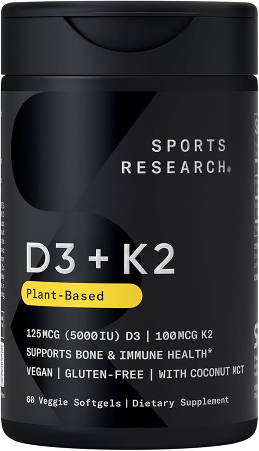 Sports Research® Vitamin D3 + K2 w/ Coconut Oil - Vegan Vitamin D 5000iu & Mk7 Vitamin K 100mcg for Bone & Immune Support - Vegan Certified · Non-GMO · Soy Free - 60 Softgels