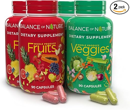 ($) Balance of Nature Fruits & Veggies Supplements - Whole Fruit and Vegetable Ingredients for Women, Men, and Kids - 90 Fruits Capsules, 90 Veggies Capsules - 1 Set