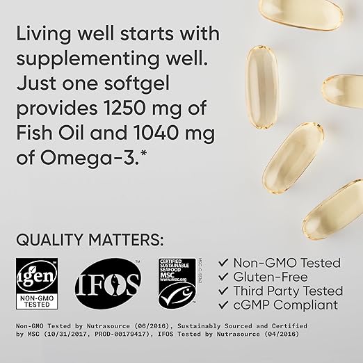 Sports Research® Omega-3 Fish Oil 1250 - Triple Strength Fish Oil Supplement from Wild Alaska Pollock - MSC Certified Sustainable · Non-GMO · Soy Free - 90 Softgel Capsules