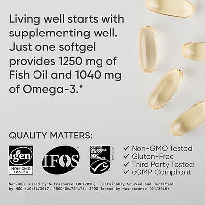 Sports Research® Omega-3 Fish Oil 1250 - Triple Strength Fish Oil Supplement from Wild Alaska Pollock - MSC Certified Sustainable · Non-GMO · Soy Free - 90 Softgel Capsules