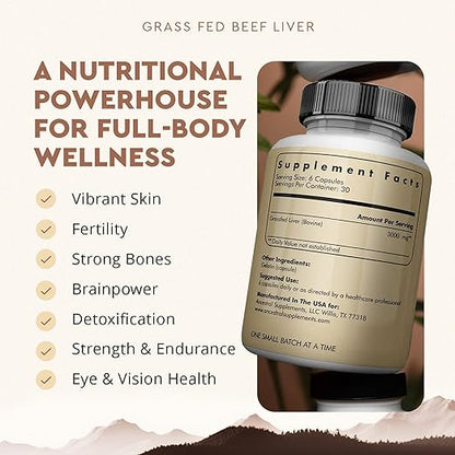 Ancestral Supplements Grass Fed Beef Liver 180 Capsules, Supports Energy Production, Detoxification, Digestion, Immunity and Full Body Wellness, Non-GMO, Freeze Dried Liver Health Supplement