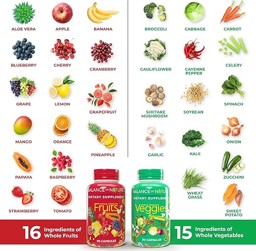 ($) Balance of Nature Fruits & Veggies Supplements - Whole Fruit and Vegetable Ingredients for Women, Men, and Kids - 90 Fruits Capsules, 90 Veggies Capsules - 1 Set