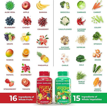 ($) Balance of Nature Fruits & Veggies Supplements - Whole Fruit and Vegetable Ingredients for Women, Men, and Kids - 90 Fruits Capsules, 90 Veggies Capsules - 1 Set