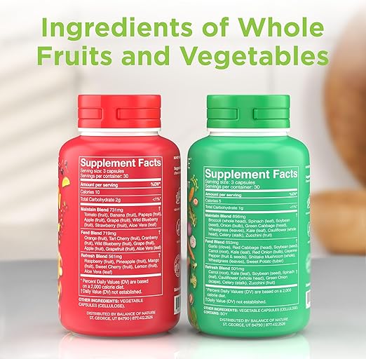 ($) Balance of Nature Fruits & Veggies Supplements - Whole Fruit and Vegetable Ingredients for Women, Men, and Kids - 90 Fruits Capsules, 90 Veggies Capsules - 1 Set