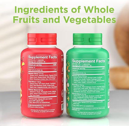 ($) Balance of Nature Fruits & Veggies Supplements - Whole Fruit and Vegetable Ingredients for Women, Men, and Kids - 90 Fruits Capsules, 90 Veggies Capsules - 1 Set