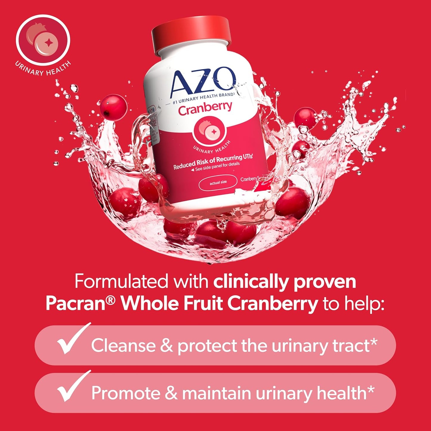 AZO Cranberry Supplement, Made with Concentrated Whole Fruit Cranberry Powder to Help Cleanse and Protect the Urinary Tract*, Sugar Free Cranberry Pills, Non-GMO, 100 Softgels