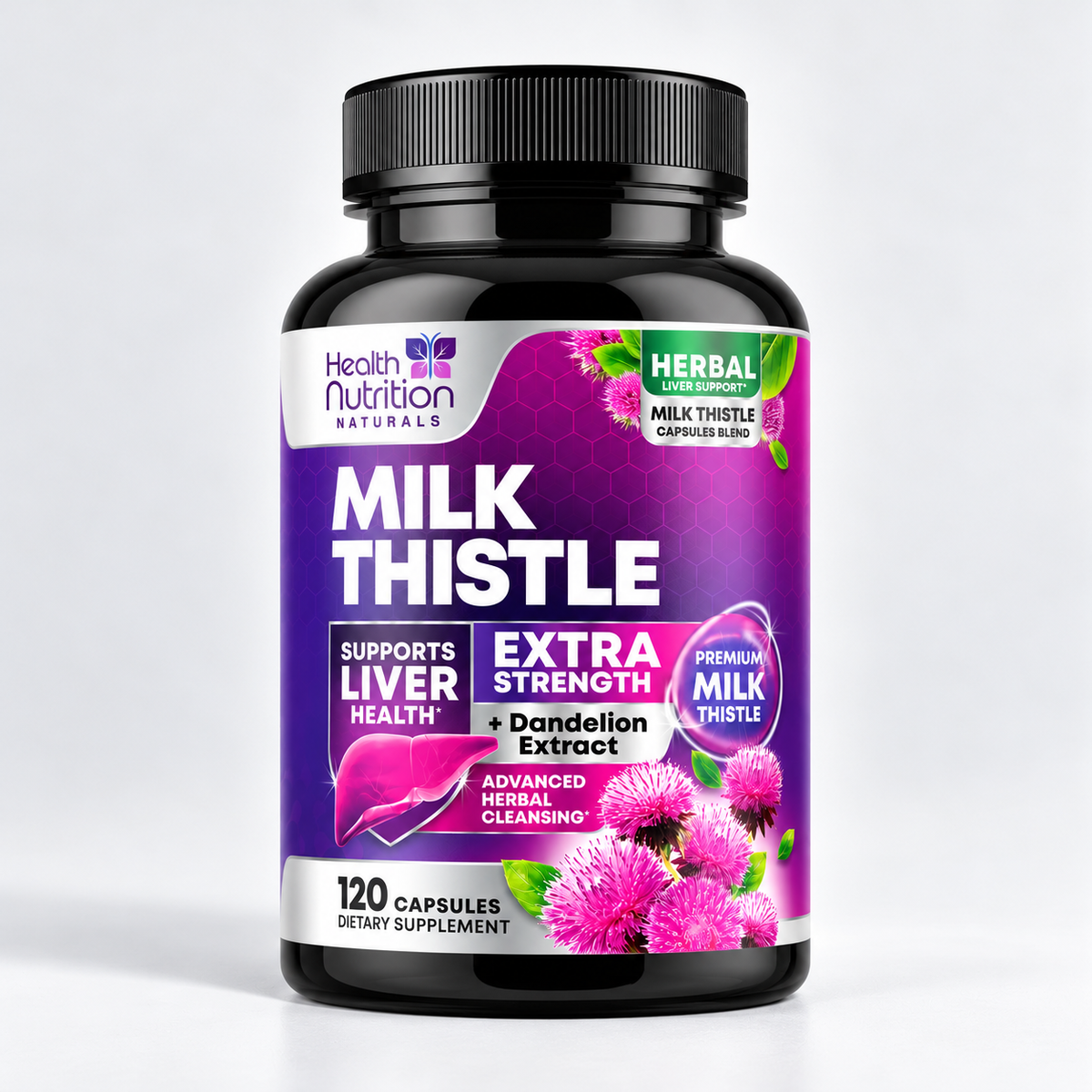 Health Nutrition Naturals Milk Thistle Extract 9:1 with Dandelion Root - Liver Health & Cleansing Support (120 Capsules)