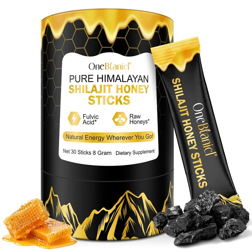 OneBotanical Pure Himalayan Shilajit Honey Sticks with 400mg Shilajit Resin and 2mg Saffron for Energy Boost, Vegan, 30 Sticks