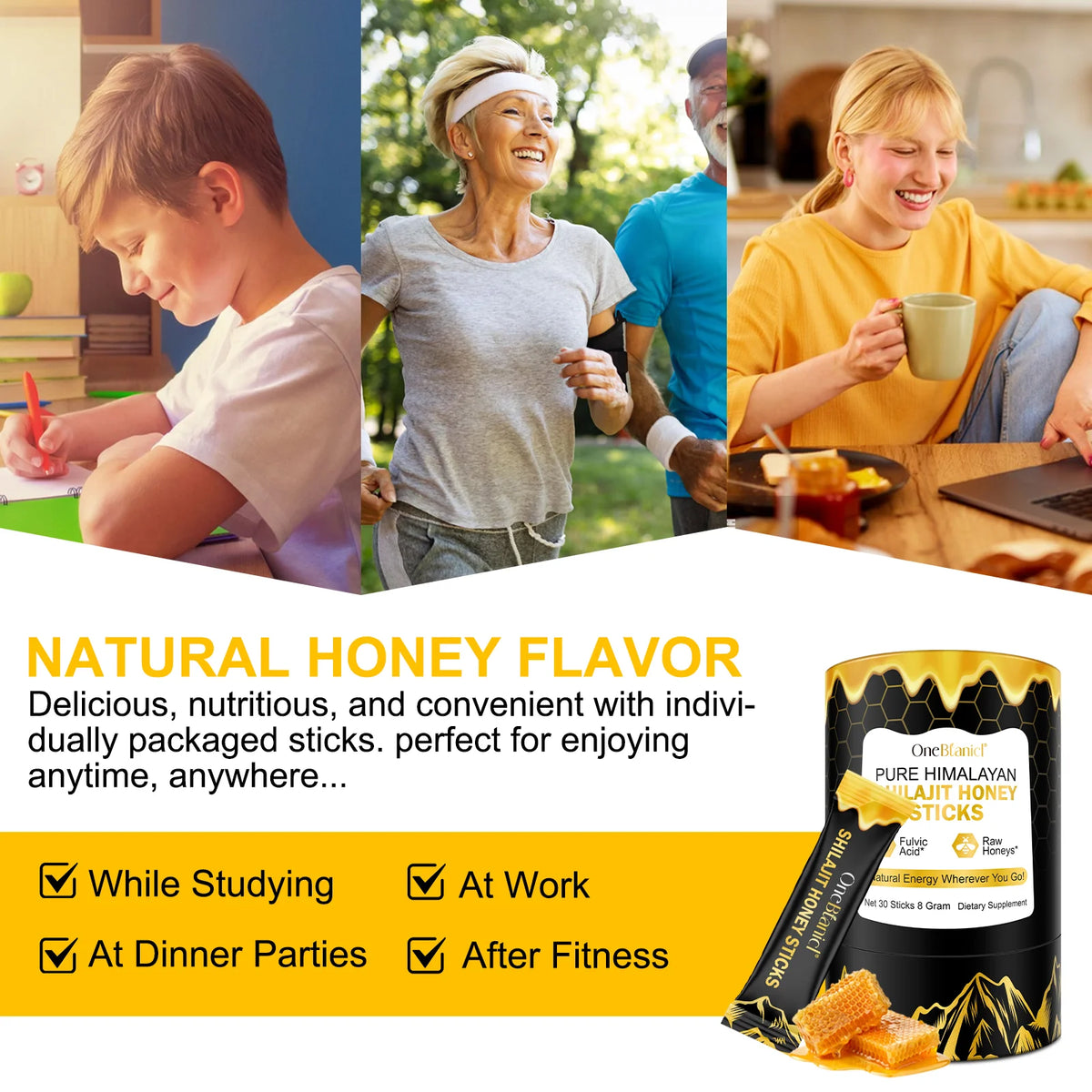 OneBotanical Pure Himalayan Shilajit Honey Sticks with 400mg Shilajit Resin and 2mg Saffron for Energy Boost, Vegan, 30 Sticks