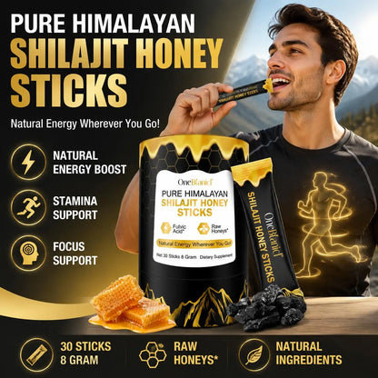OneBotanical Pure Himalayan Shilajit Honey Sticks with 400mg Shilajit Resin and 2mg Saffron for Energy Boost, Vegan, 30 Sticks