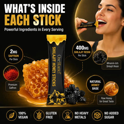 OneBotanical Pure Himalayan Shilajit Honey Sticks with 400mg Shilajit Resin and 2mg Saffron for Energy Boost, Vegan, 30 Sticks