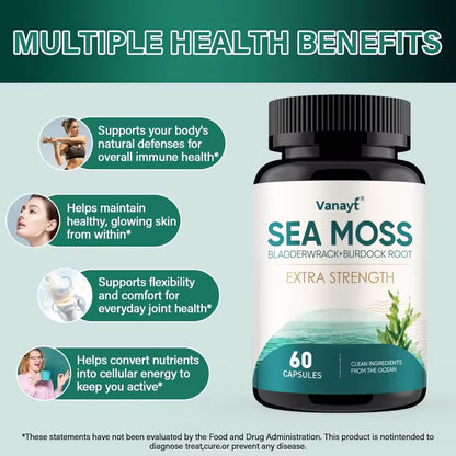 Sea Moss Capsules with Burdock Root, Bladderwrack, Boost Energy, Immune Support, Enhance Vitality & Overall Wellness 60 Capsules