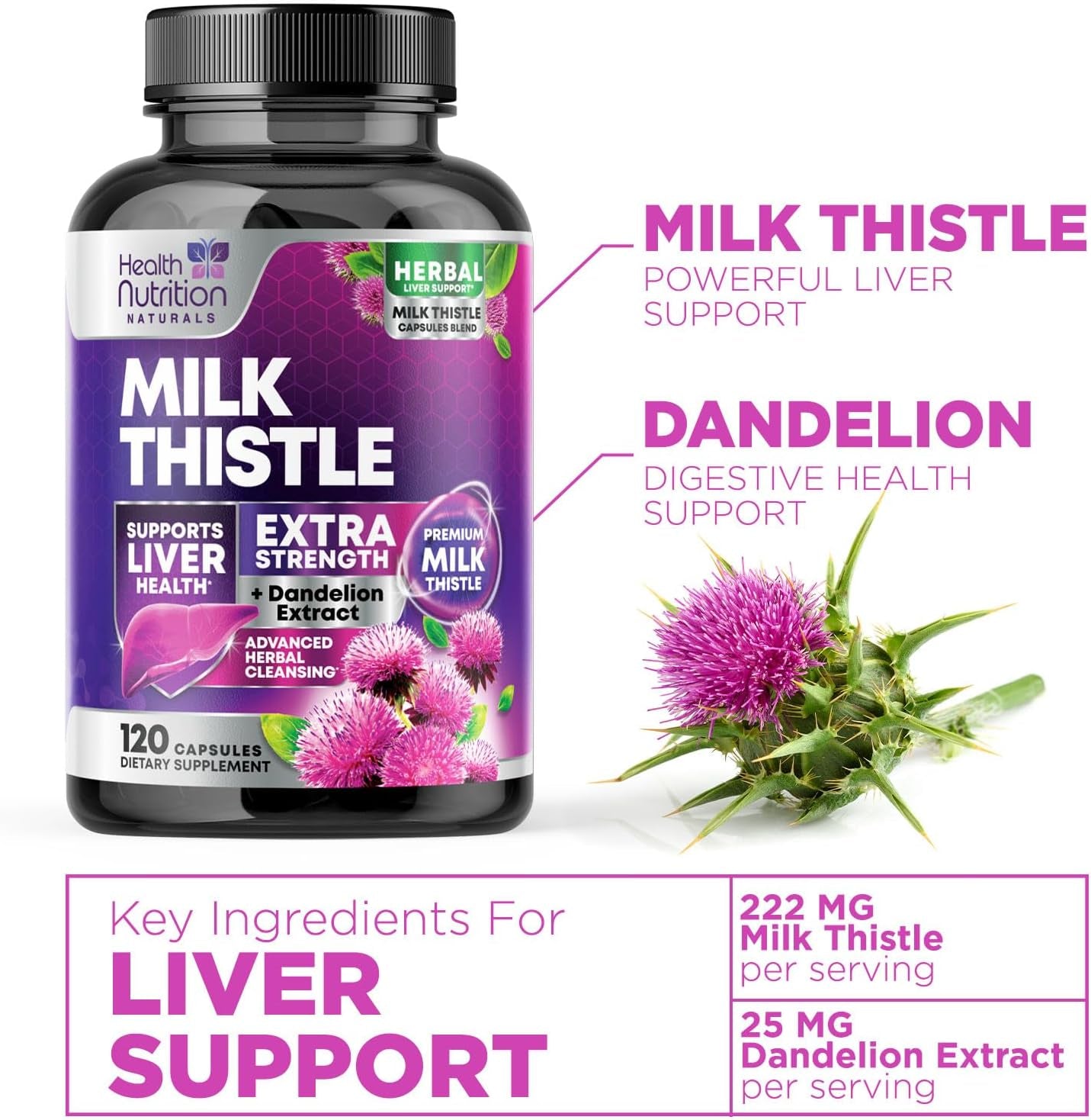 Milk Thistle Supplement - Advanced Liver Cleanse Detox & Repair with Dandelion Root Extract - Natural Milk Thistle Silymarin Marianum Extract Liver Health Support, Non-Gmo, Bottled USA - 120 Capsules