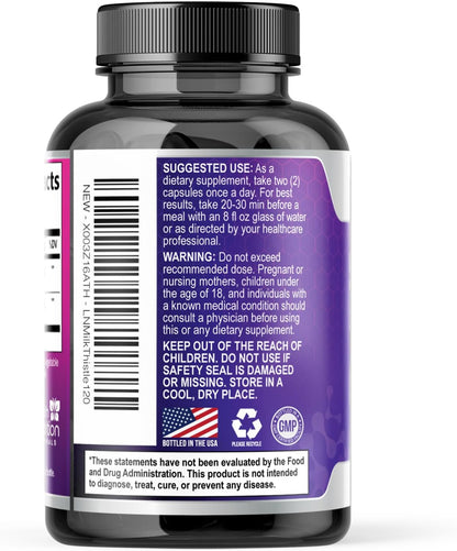 Milk Thistle Supplement - Advanced Liver Cleanse Detox & Repair with Dandelion Root Extract - Natural Milk Thistle Silymarin Marianum Extract Liver Health Support, Non-Gmo, Bottled USA - 120 Capsules