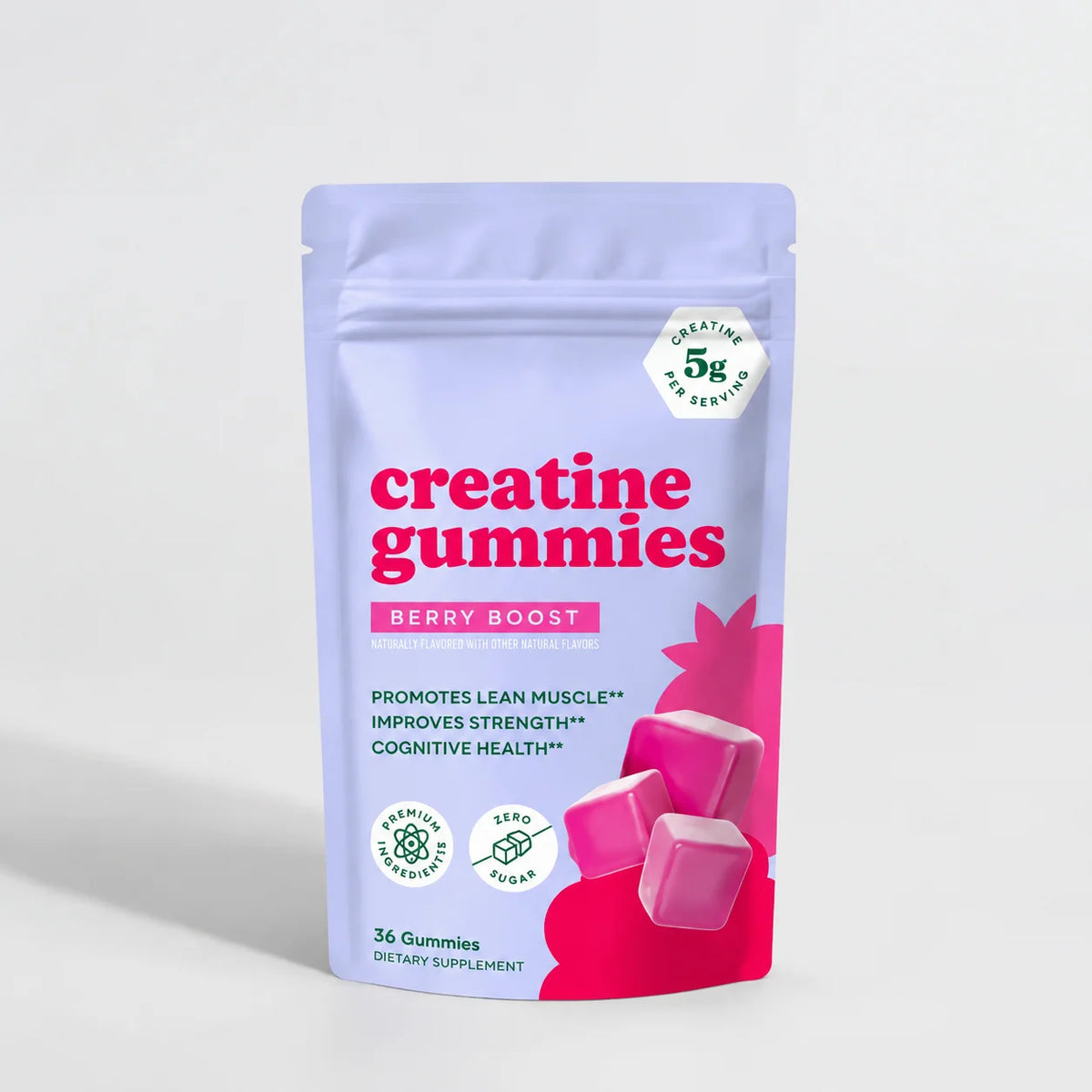 Berry Flavor Creatine Monohydrate 5g Gummies - Zero Sugar 36 Count Non-GMO Gluten Free Vegetarian Supplement for Fitness And Bod