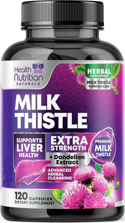 Milk Thistle Supplement - Advanced Liver Cleanse Detox & Repair with Dandelion Root Extract - Natural Milk Thistle Silymarin Marianum Extract Liver Health Support, Non-Gmo, Bottled USA - 120 Capsules
